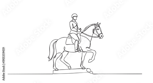 Equestrian monument drawn with a single unbroken black line showing a uniformed rider on a graceful horse, depicted in a minimalist, modern, and elegant graphic style