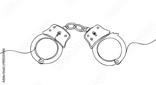 Pair of police handcuffs illustrated in a continuous single line drawing style, a minimalist symbol of law, arrest, and the criminal justice system