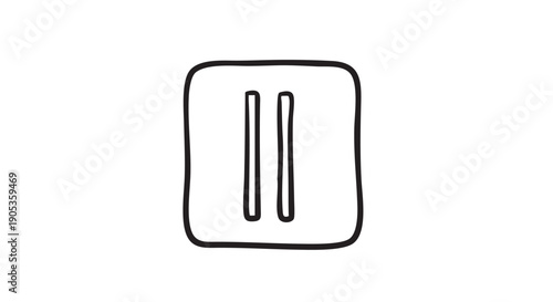 Hand-drawn black and white pause button icon with two vertical bars inside a rounded square, a simple minimalist doodle illustration for media player control or user interface