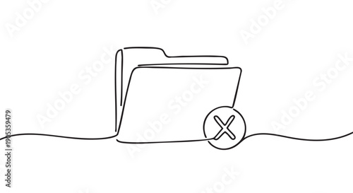 Folder icon with a delete symbol drawn in a continuous single line, illustrating data removal, file error, or document cancellation in a minimalist black and white vector style