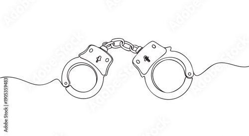 Handcuffs drawn in a continuous single line art style, a minimalist black outline illustration representing crime, law, justice, arrest, punishment, and imprisonment