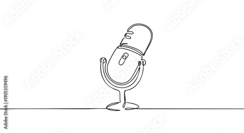 One continuous line drawing of a vintage studio microphone in a minimalist sketch style, symbolizing voice, sound, communication, and media broadcasting concepts