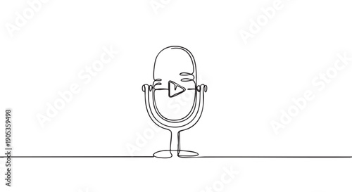 Vintage microphone with a play button symbol drawn in a single continuous black line, representing a podcast, audio streaming, or broadcasting concept in a minimalist illustration