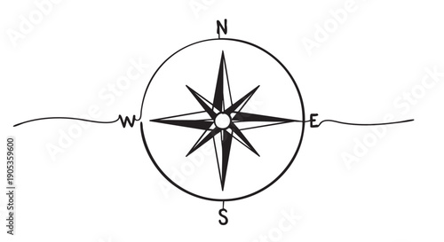 Hand-drawn black and white compass rose illustration showing the cardinal directions for navigation, travel, and exploration in a simple, minimalist sketch style