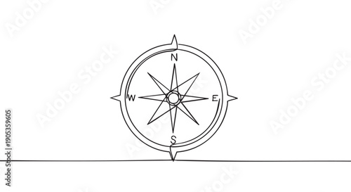 Single continuous line drawing of a compass rose with cardinal directions for navigation and travel, rendered in a minimalist black and white graphic illustration style
