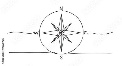 Hand-drawn continuous line compass rose illustration showing cardinal directions for navigation, drawn in a simple, minimalist black and white doodle style with a single unbroken line