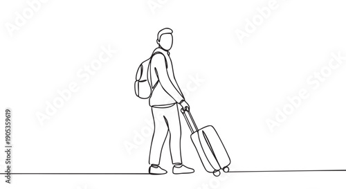 Male traveler with a backpack and rolling suitcase is depicted in a continuous single line drawing, looking back over his shoulder before starting a journey or vacation