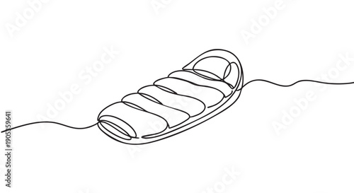 Sleeping bag drawn in a continuous single line style for camping and outdoor adventure, showcasing a minimalist and elegant black and white illustration of travel equipment