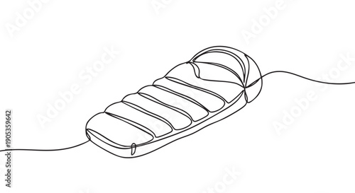 Sleeping bag for camping and hiking drawn in a single continuous line, a minimalist black and white illustration of outdoor equipment for travel, adventure, and recreation