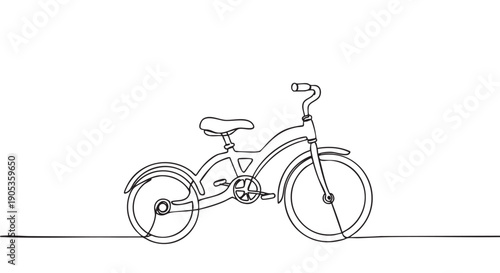Continuous one line drawing of a bicycle with a classic cruiser frame, fenders, and handlebars in a minimalist black and white graphic illustration style