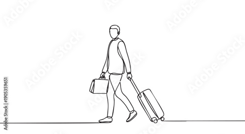 Businessman walking with a briefcase and luggage depicted in a single continuous line drawing style, representing a professional on a corporate journey or trip