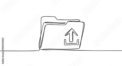 Continuous single line drawing of a folder icon with an upload arrow symbol representing digital data transfer, file sharing, and cloud storage in a minimalist hand-drawn style