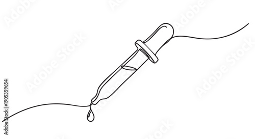 Continuous one line drawing of a pipette with a single drop of liquid falling from its tip, a minimalist and elegant illustration for cosmetic serum or medical research