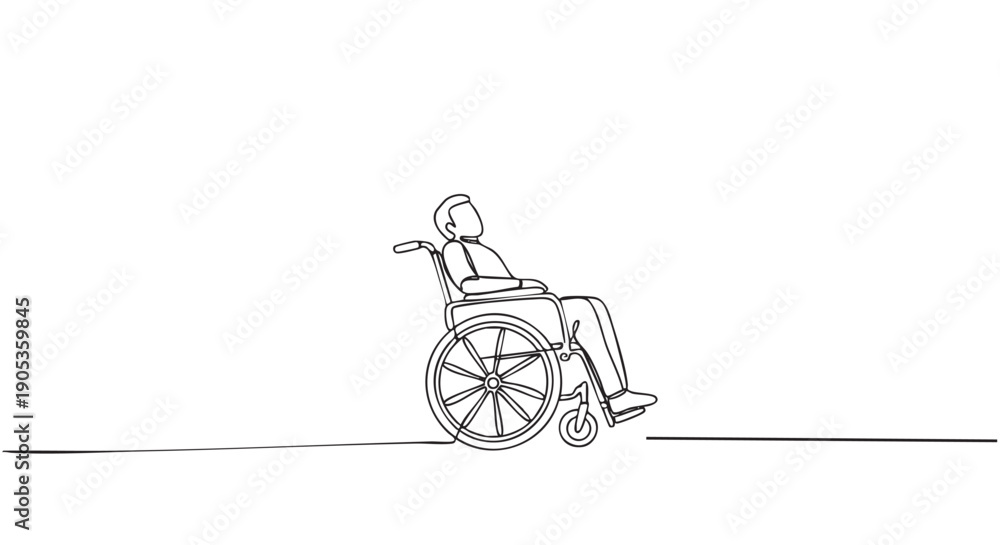 Obraz premium Single continuous line drawing of a person sitting in a wheelchair, a minimalist black and white illustration representing disability, accessibility, healthcare, and recovery