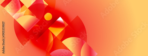 Abstract design features vibrant orange, red shapes. Geometric forms overlap creating dynamic visual effect. Smooth gradients enhance depth.