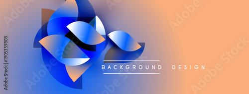 Abstract floral design. Blue shapes blend with orange gradient. Text reads background design. Modern, vibrant composition.