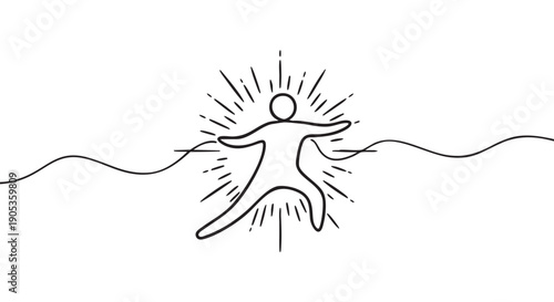 Hand-drawn black line art figure breaks through a barrier, symbolizing freedom, success, and overcoming obstacles with radiant energy in a minimalist doodle style illustration