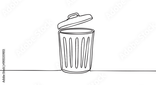 Single continuous line drawing of a trash can with an open lid in a minimalist art style, representing concepts of waste, recycling, and disposal