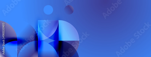 Abstract blue shapes overlap, creating dynamic composition. Gradient hues suggest depth, modern aesthetic. Minimalist design.