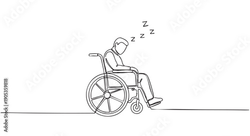 Continuous line drawing of a person sleeping in a wheelchair, illustrating concepts of disability, fatigue, and recovery with a minimalist black and white artistic style