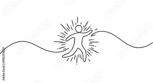 Minimalist black line art drawing of a stickman breaking through a wavy barrier, radiating energy in a powerful concept of success, freedom, personal growth, and overcoming obstacles