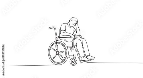 Disabled man in a wheelchair looking sad and contemplative, drawn in a minimalist single line art style that evokes a sense of melancholy and despair
