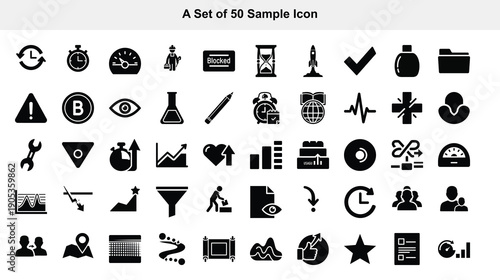 Collection of fifty diverse black silhouette icons arranged in a grid pattern