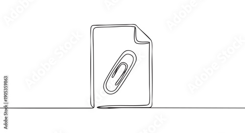 Continuous one line drawing of a paper document with a paperclip attachment, rendered in a minimalist black and white style, symbolizing office work and organization