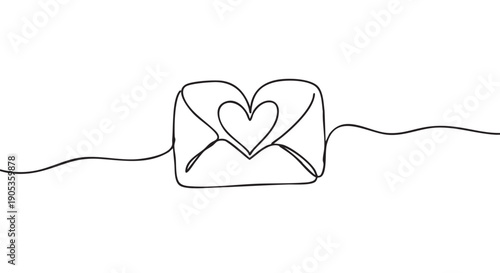 Love letter envelope with a heart drawn in a single continuous black line, a minimalist and romantic illustration symbolizing affection, correspondence, and heartfelt messages