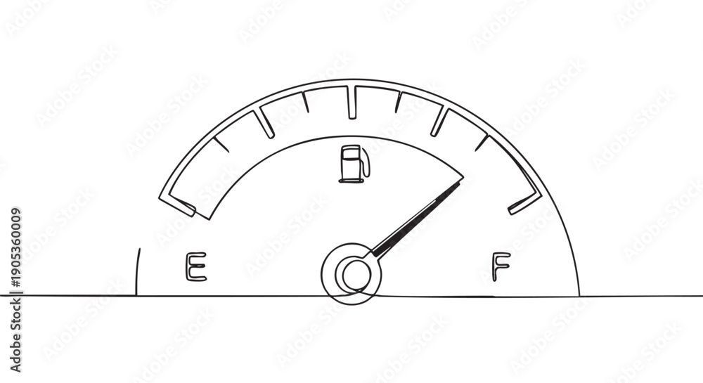 Fototapeta premium Car fuel gauge with the needle pointing to the full mark, indicating a full tank of gasoline, drawn in a simple, minimalist continuous single line art style