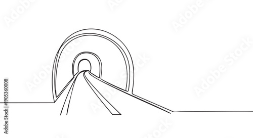Continuous one line drawing of a railway tunnel with tracks leading into the dark entrance, a minimalist artistic sketch representing a journey, path, and perspective