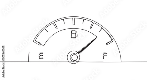 Car fuel gauge with the needle pointing to the full mark, indicating a full tank of gasoline, drawn in a simple, minimalist continuous single line art style