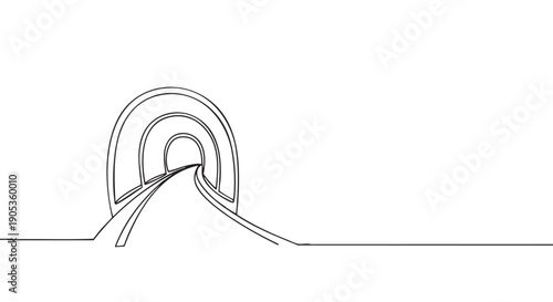 Continuous single line drawing of a railway tunnel with tracks leading into the distance, representing a journey, future, and progress in a minimalist black and white illustration