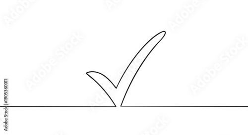 Single continuous black line drawing of a checkmark symbol emerging from a horizontal line, representing approval, success, and completion in a minimalist graphic style