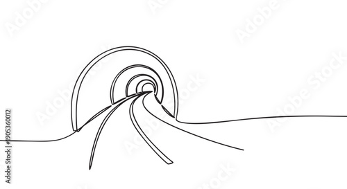 Railway tunnel with tracks drawn in a single continuous black line, a minimalist illustration representing a journey, perspective, and the path forward into the future