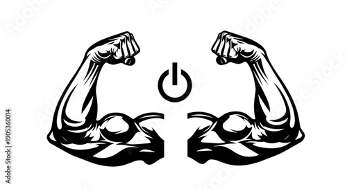 Powerful Biceps Flexing with Power Button Symbol.
