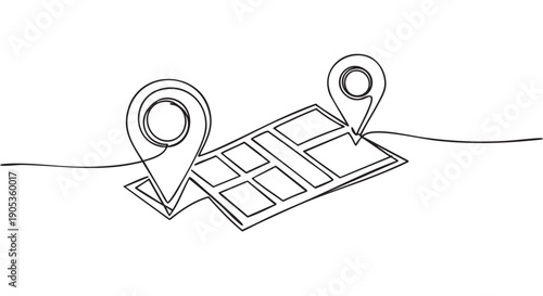 Two location pins on a folded map drawn in a continuous single line style, representing travel, navigation, and finding a destination or route on a journey