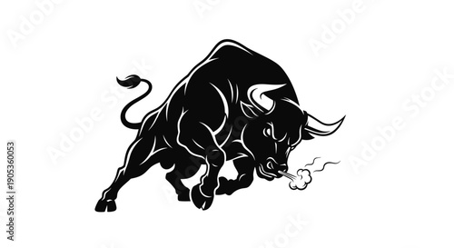 Powerful Black Bull Charging Forward with Determined Expression.