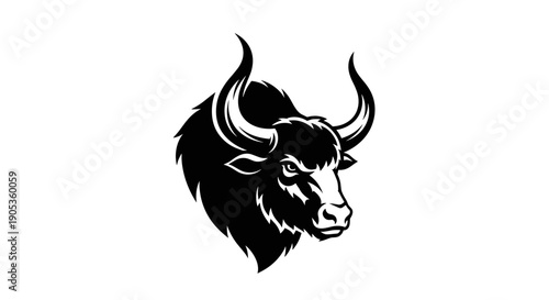 Powerful Black Bull Head Illustration Fierce Expression.
