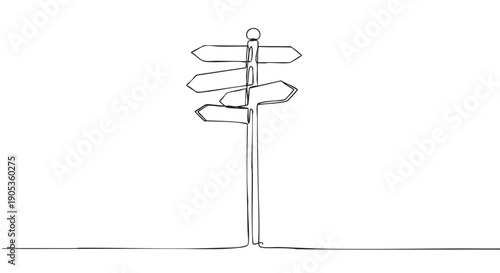 Signpost with blank directional arrows drawn in a continuous single line art style, a simple and elegant illustration representing choices, paths, and future decisions