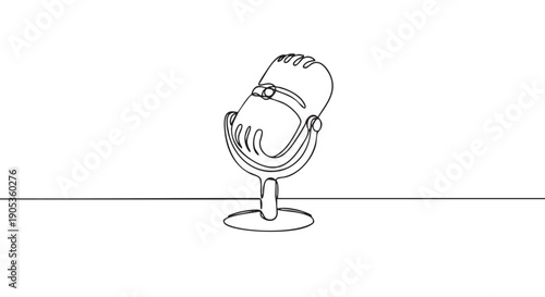 Vintage studio microphone on a stand drawn in a minimalist continuous single line art style, representing podcasting, broadcasting, and audio recording concepts for modern media