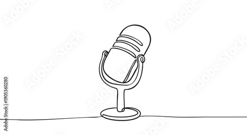 Vintage studio microphone on a stand drawn in a continuous single line style, representing podcasting, broadcasting, and audio recording in a minimalist black and white illustration