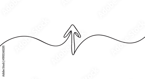 Single continuous black line drawing of an arrow pointing up emerges from a wavy path, symbolizing growth, progress, and upward direction in a minimalist doodle style