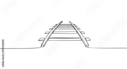 Continuous single line drawing of railway tracks stretching into the distance, symbolizing a journey, path, and future direction in a minimalist black and white sketch