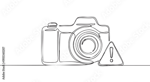 Continuous line drawing of a camera with a warning sign symbolizes a technical error, equipment malfunction, or photography restrictions in a minimalist black and white artistic style
