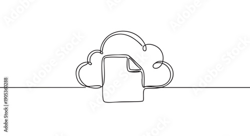 Continuous one line drawing of a cloud and document icon representing online data storage, file sharing, and modern digital technology in a minimalist artistic style