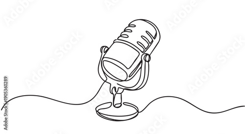 Continuous single line drawing of a retro microphone on a stand, rendered in a minimalist black and white style for podcasting, broadcasting, or audio recording concepts