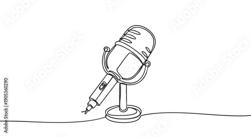 Vintage studio microphone on a stand drawn in a continuous single line art style, a minimalist black and white illustration for podcasting or broadcasting concepts