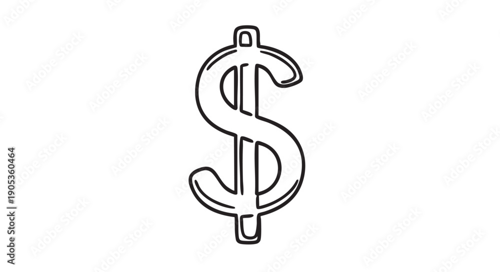 Obraz premium Hand-drawn dollar sign icon in black and white with a simple doodle style, representing finance, currency, and economic concepts in a minimalist line art illustration