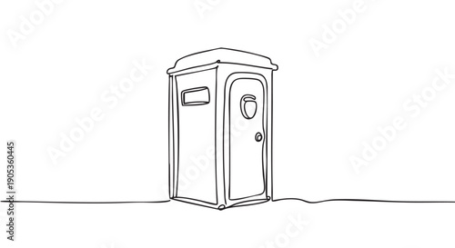 Portable toilet cubicle drawn in a minimalist single line art style, showcasing a simple and clean graphic illustration of a public restroom facility for outdoor events or festivals